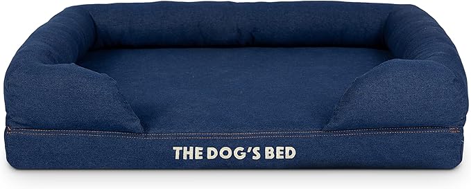 The Dog’s Bed Orthopedic Memory Foam Dog Bed with Bolsters for Medium Dogs, Waterproof Washable Cover, Anti-Slip Base, Calming Surface – CertiPUR-Certified Foam, Denim Fabric, Blue Denim, Medium