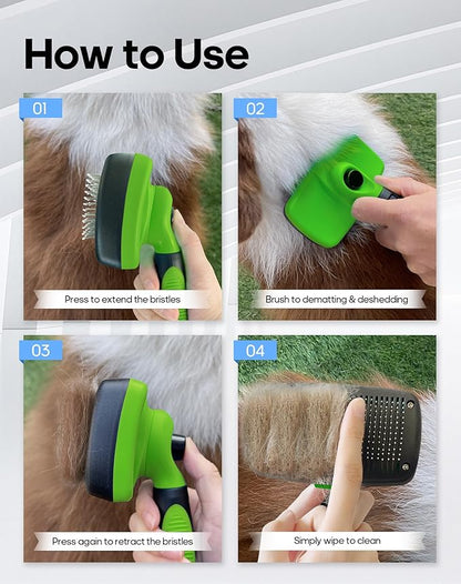 Self Cleaning Shedding Brush - Skin Friendly Grooming Tool for Dogs, Cats, and Puppies, Deshedding and Hair Removal for Long and Short Haired Pets (Green)
