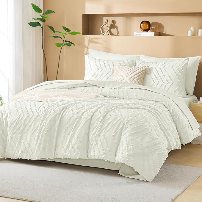 Litanika Ivory Queen Size Comforter Set with Sheets - 7 Pieces Bed in a Bag Queen Boho Tufted Complete Bedding Sets with Comforter, Sheets, Pillowcases & Shams