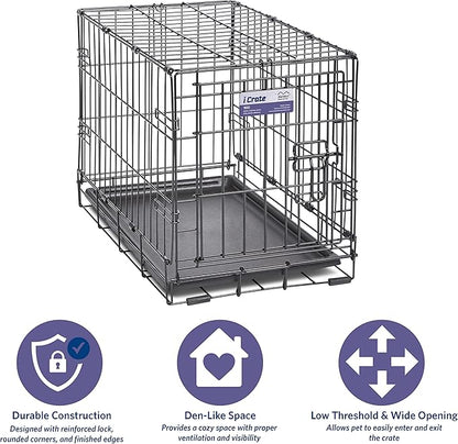 MidWest Homes for Pets 22-Inch iCrate for Extra-Small Breeds, Up to 15 lbs, Single Door Folding Dog Crate with Divider Panel, Leak-Proof Tray & Secure Latch, Portable, Durable & Easy to Assemble
