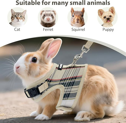 AIITLE Breathable Rabbit Harness and Leash Set - Plaid Pattern Padded Vest with Magic Tape Design, Dual D-Rings, Adjustable for Small Animal Pets, Indoor Outdoor Training Camping, Beige M