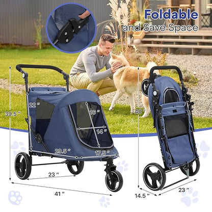 Pet Stroller for Large Dogs or Multiple Dogs Cats with Adjustable Handle, 3-Wheels Dual Entry Visible Portable Dog Carting Easy Folding Pet Wagon Double Dog Stroller up to 55 lbs, Navy Blue