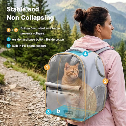 Cat Backpack Carrier Expandable, Breathable Mesh & Lockable Zippers & Shaded Curtains & Multi-Entry, Pet Backpack for Kitty Puppy Small Dogs Up to 18lbs for Travel, Hiking, Car, Vet(Light Grey)