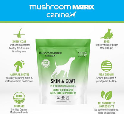 Om Mushroom Matrix Skin & Coat Mushroom Pet Supplement, Provides Seasonal Allergy Skin & Coat Support for Dogs & Cats, 200 Grams, 7.1 oz