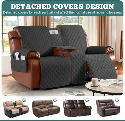 Ruaozz Waterproof Loveseat Recliner Cover with Console Non-Slip Reclining Couch Covers Split Sofa Slipcovers with Elastic Straps Furniture Protector for Kids, Dogs, Pets (Charcoal Grey,2 Seater)