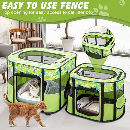 Portable Cat Playpen with Separate Areas, Foldable Indoor Outdoor Cat Enclosure, Portable Pet Tent for Kittens and Small Animals, Collapsible Tent Kennel Cage House with Tent Pegs and Carry Bag