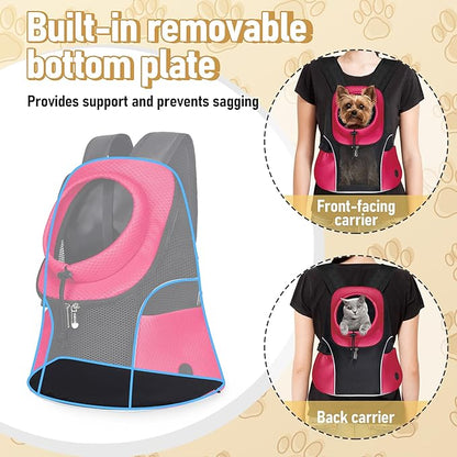 WOYYHO Pet Dog Carrier Backpack Small Dog Front Backpack Ventilated Mesh Dog Travel Back Pack with Safety Belt for Travel Hiking Cycling Outdoor Adventures (Size L: 10-14 lbs, Rethink Pink)