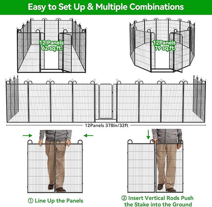 Kfvigoho Dog Playpen Outdoor 12 Piece Panels Heavy Duty Dog Fence 47" Height Anti-Rust with Doors Portable for RV Camping Yard, Total 27FT, 58 Sq.ft, Snowy Black