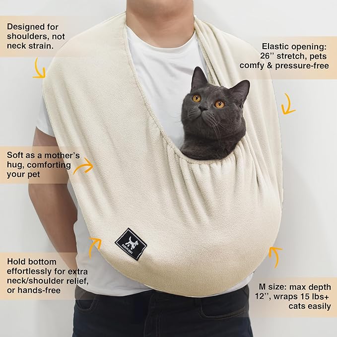 Polar Fleece Cat Sling Carrier (Large - for People 180-200cm & Pets 10-18 lbs) – Fixed Elastic Strap Pet Cuddle Bag for Indoor Snuggling, Soft Hands-Free Carrier（Apricot）