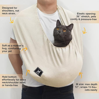 Polar Fleece Cat Sling Carrier (Large - for People 180-200cm & Pets 10-18 lbs) – Fixed Elastic Strap Pet Cuddle Bag for Indoor Snuggling, Soft Hands-Free Carrier（Apricot）