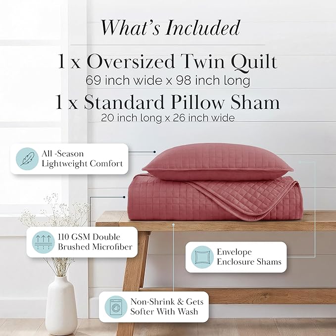 Southshore Fine Living, Inc. Twin XL Quilt Set with Pillow Sham, Quilted Twin Bedspread, Coverlet, Oversized Bed Quilt for Full Coverage, Soft and Comfy, Easy Care, Machine Washable, Marsala
