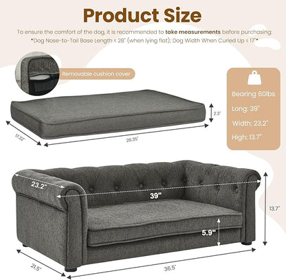Elevated Dog Sofa with Backrest and Armrests, Button Tufted Dog Couch Bed with Soft Cushion for Medium Dogs, Stylish Lounging Bed Pet Couch Chair, 60Lbs Weight Capacity, Dark Gray