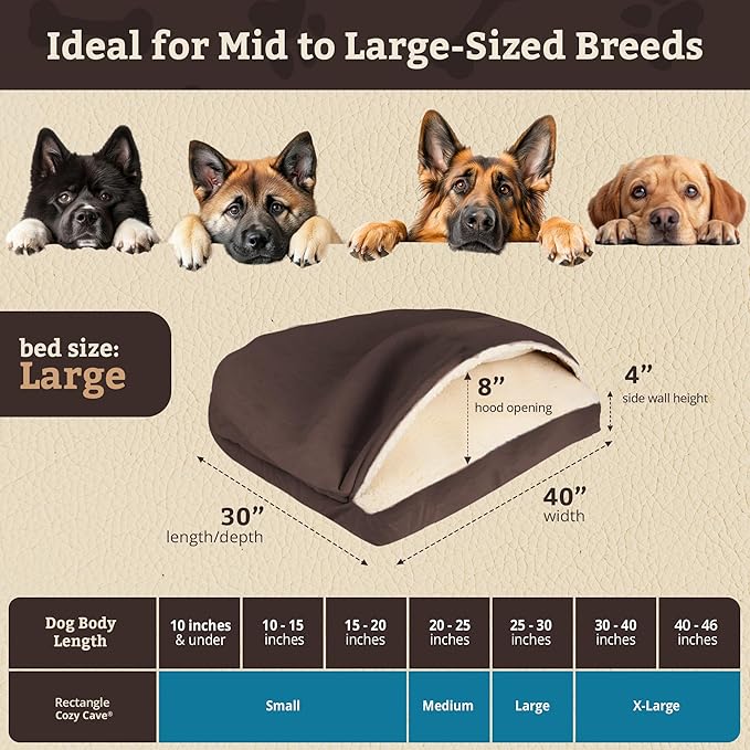 Snoozer Rectangle Cozy Cave Dog Bed - Indoor Dog Bed with Cover Cave, Covered Calming Burrow for Medium & Large Sized Pets with Blanket Attached, Enclosed, Washable Cover - Large, Hot Fudge