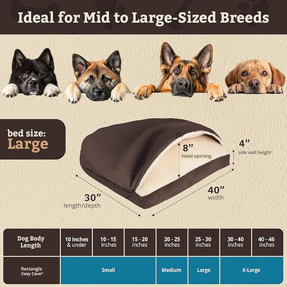 Snoozer Rectangle Cozy Cave Dog Bed - Indoor Dog Bed with Cover Cave, Covered Calming Burrow for Medium & Large Sized Pets with Blanket Attached, Enclosed, Washable Cover - Large, Hot Fudge