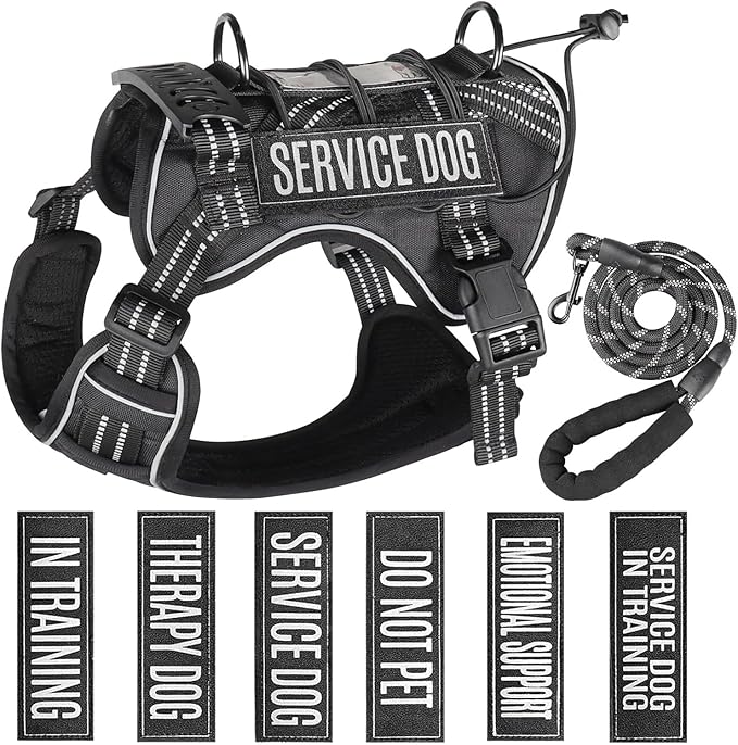 Service Dog Tactical Vest Harness and Leash Set Large Sized Dog Emotional Support- Tactical Dog Harness Training Collar with Name (Black, L)