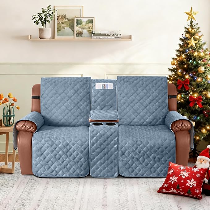 Ruaozz Waterproof Loveseat Recliner Cover with Console Non-Slip Reclining Couch Covers Split Sofa Slipcovers with Elastic Straps Furniture Protector for Kids, Dogs, Pets (Pastel Blue, 2 Seater)