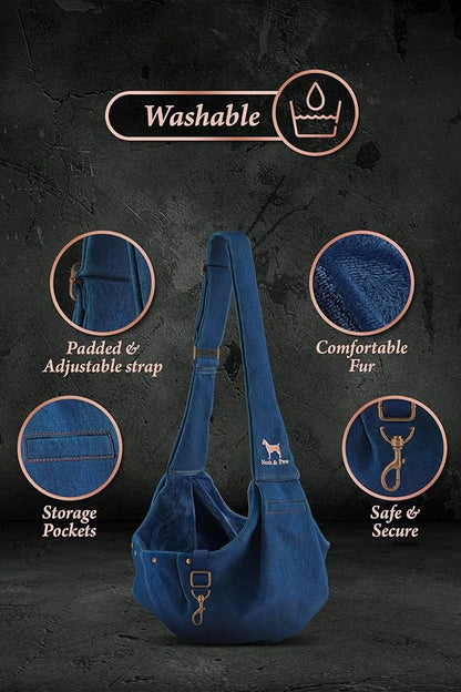 Noah & Paw Dog Sling Carrier for Small Dogs 5-18lb, Dog Sling for Small Dogs and Cats, Dog Carrier with Adjustable Padded Strap, Premium Denim, Lined with Fur, Double Safety Feature, Machine Washable