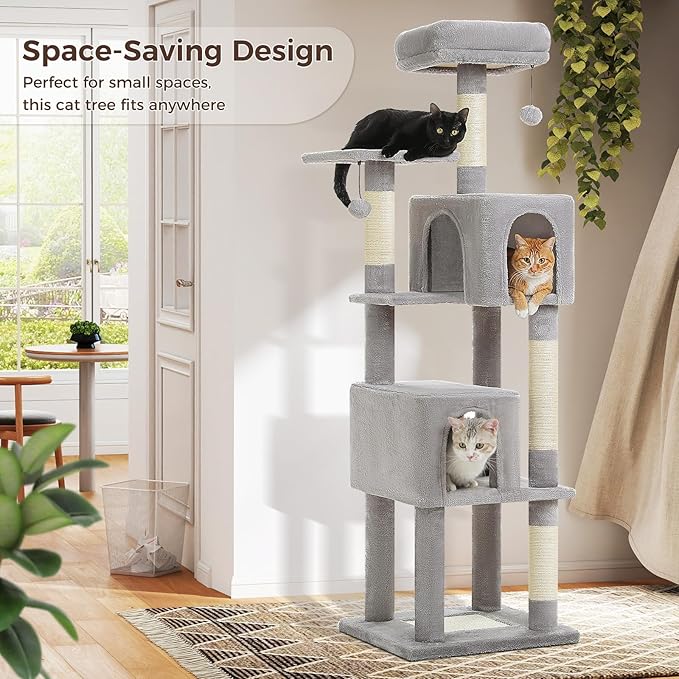 MUTTROS 62-Inch Cat Tree for Indoor Cats, Large Cat Tower with Scratching Posts for Large Cats, 2 Bigger Plush Condos, Padded Platform, Soft Cat Bed and Scratching Pad, 2 Pompoms, Gray