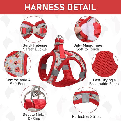 GAMUDA Small Dog Harness Collar and Leash Set, Step in No Chock No Pull Soft Mesh Adjustable Dog Vest Harnesses Plaid Reflective for Dogs Puppy Cats Kitten Rabbit (Red Flower, M)