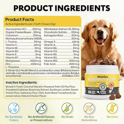 25-in-1 Dog Vitamins Supplements Multivitamin Chewable with Glucosamine MSM Colostrum Probiotics Omega-3 for Dogs and Cats Digestive Gut Hip Joint Omega-3 Skin & Coat Eyes Immune Support - 120 Ct