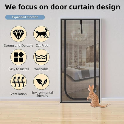 QWR Upgraded Pet Screen Door Fits Door Opening Size Up to 30"x80",Heavy Duty Cat Proof Mesh Screen Door with Zipper Closure,Prevent Cats Running Out from Home,Bedroom,Living Room,Kitchen(U-type,Black)