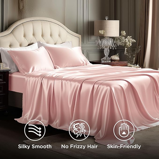 Bedsure Pink Satin Sheets Queen Size - 4 Piece Silky Bedsheets with 15 Inches Deep Pocket Fitted Bedsheet,1 Flat Sheet, 2 Satin Pillowcases, Good for Hair & Skin (Queen, Peach Pink)