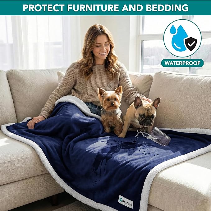 PetAmi Waterproof Dog Blanket for Small Medium Dog Puppy Cat Throw for Couch Cover Leakproof Protection, Sherpa Fleece, Reversible Soft Washable 29x40 Navy Blue