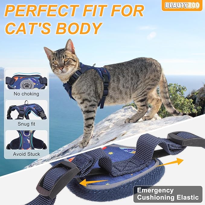 BEAUTYZOO Cat Harness and Leash for Walking, Escape Proof Soft Adjustable Vest Harnesses for Small Cats Kittens, Easy Control Breathable Reflective Strips Jacket, Blue, S