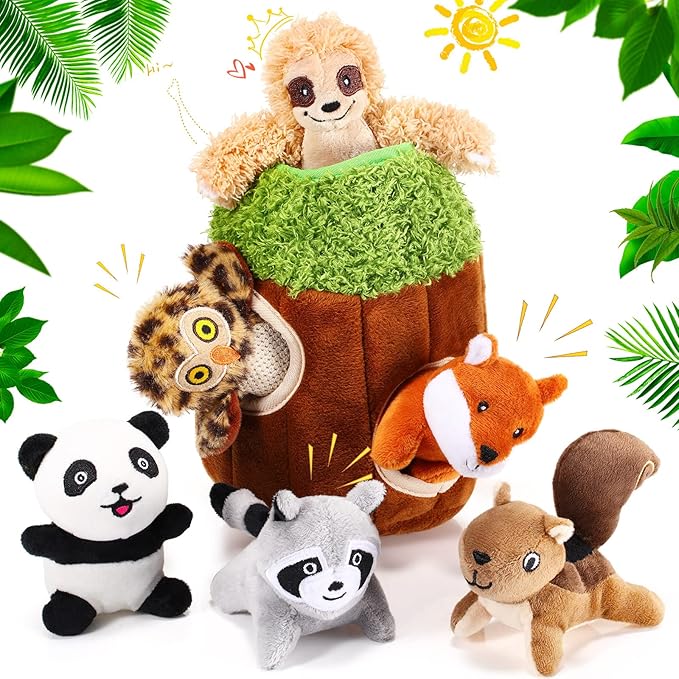 Skylety 7 Pieces Hide and Seek Dog Toys Activity Puppy Chew Squeaky Toys Plush Stuffing Burrow Woodland Stuffing with Squeakers for Small Medium Pets Dogs Puppy Gift(Cute,Small)