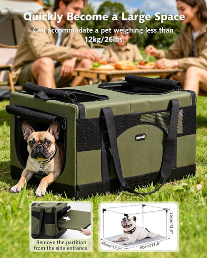 Pecute Dual Compartment Pet Carrier for Multi-Cat Families & Small Dog Owners, Collapsible Dog Crate with Reinforced Steel Frame, Car Safety Design for Travel, Vet Visits & Home Use, Green