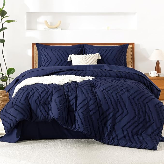 Litanika Oversized King Size Comforter Set with Sheets Navy Blue - 7 Pieces Bed in a Bag Oversized King Boho Tufted Complete Bedding Sets with Comforter, Sheets, Pillowcases & Shams