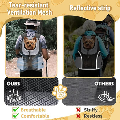 WOYYHO Pet Dog Carrier Backpack Small Dog Front Backpack Ventilated Mesh Dog Travel Back Pack with Safety Belt for Travel Hiking Cycling Outdoor Use (L (10-14 lbs), Grey)
