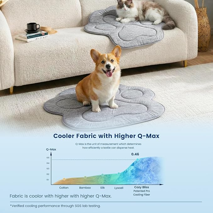Cozy Bliss Cute Paw Shape Cooling Mat for Medium Dogs and Cats, Non-Slip, Leakproof Washable Pet Cooling Mat Q-Max 0.5 for Hot Weather, Indoor and Outdoor Summer Pad, Heather Charcoal Grey, 35"x40"