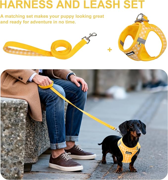 AIITLE No-Pull Pet Harness with a Leash, Plaid Comfort Padded Vest, Step in Dog Harness, Reflective Bands, Soft Breathable Pet Supplies, for Small and Medium Dogs and Cats Yellow S