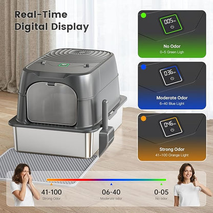 Smart Odor Control Cat Litter Box with Cover，XXXL Stainless Steel Enclosed Litter Box for Big Cats, Plasma Sterilization Deodorizer with Infrared Auto Pause, No More Odors and Stay Fresh,Easy to Clean