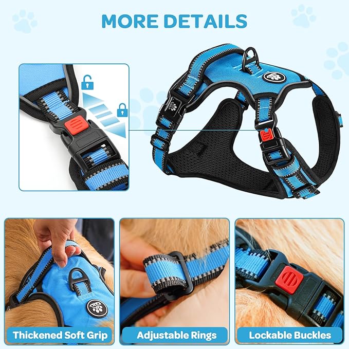 FURRYFECTION Plaid Dog Harness for Large Dogs, Reflective No Pull Adjustable Pet Vest with Front Clip, Leash, Easy Control Handle and Seat Belt, Blue, L