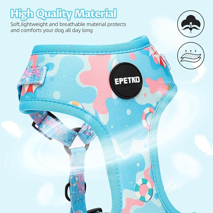 Small Dog Harness and Leash Set of 6, No Pull Soft Lightweight Mesh Puppy Harness， Adjustable Cute Floral Pattern Pet Harness for Small Medium Dogs (Blue Sea, L)