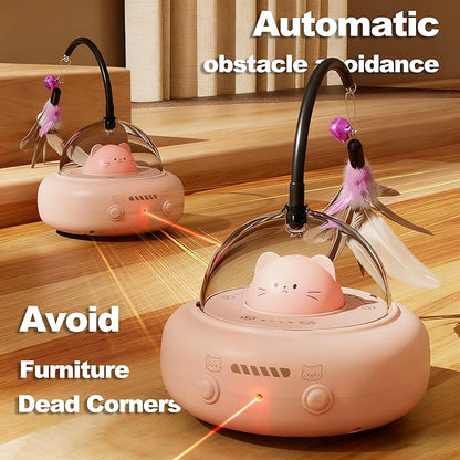 2 in 1 Rechargeable Interactive Cat Toys for Indoor Cats, Automatic Kitten Toys with Feather and Laser Pointer for Self Play (Sakura Pink)