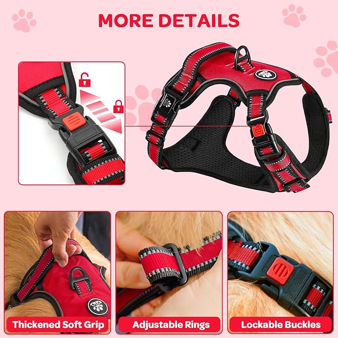 FURRYFECTION Plaid Dog Harness for Large Dogs, Reflective No Pull Adjustable Pet Vest with Front Clip, Leash, Easy Control Handle and Seat Belt, Red, L