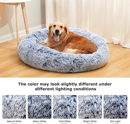Bedfolks Calming Donut Dog Bed, 30 Inches Round Fluffy Dog Beds for Medium Dogs, Anti-Anxiety Plush Dog Bed, Machine Washable Pet Bed (Navy Blue, Medium)