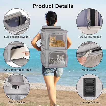 2-in-1 Extra Large Double Pet Carrier Backpack for Small Cats and Dogs, Portable Pet Travel Carrier, Super Ventilated Design, Ideal for Traveling/Hiking/Camping, XL