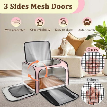 Cat Carrier Dog Carrier - Soft-Sided Cat Carrier with Plush Pad & Cooling Mat, Easy-Load 4-Side Zipper & 3-Side Mesh Ventilation, Pet Carrier Airline Approved for Cats/Dogs Up to 16 lbs, Pink