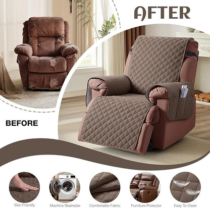 KinCam 100% Waterproof Recliner Chair Cover, Reclining Couch Covers for Pets, Dogs, Recliner Couch Slipcover Furniture Protector with Elastic Straps for Kids(28", Brown)