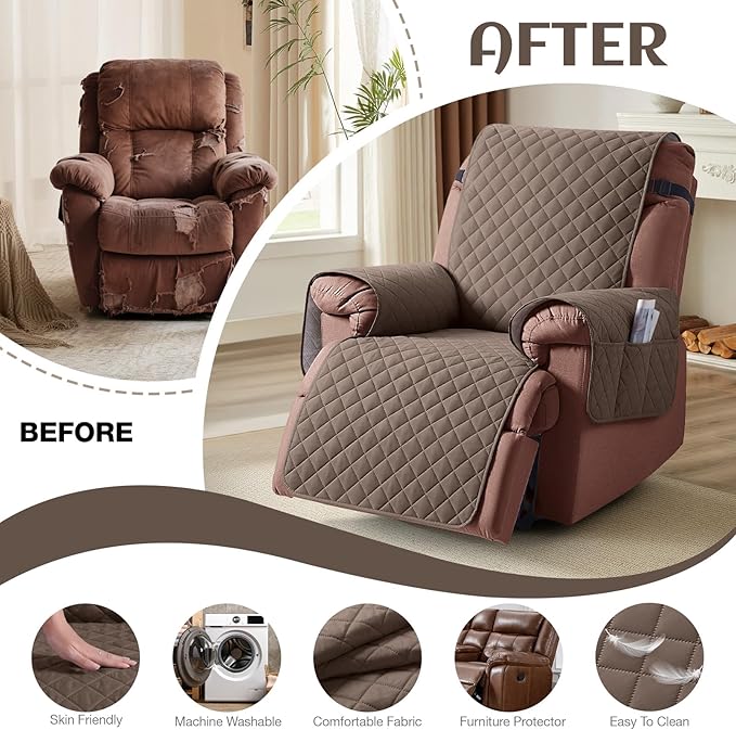 KinCam 100% Waterproof Recliner Chair Cover, Reclining Couch Covers for Pets, Dogs, Recliner Couch Slipcover Furniture Protector with Elastic Straps for Kids(25", Brown)