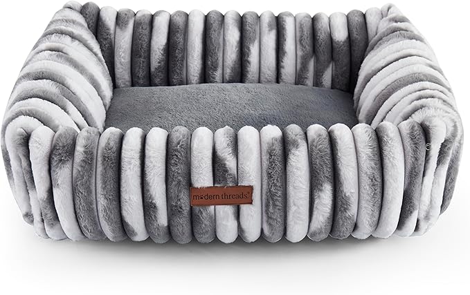 Modern Threads Ribbed Plush Two-Tone Cuddler Dog Bed, Ultra-Soft Faux Rabbit Fur, Supportive Bolstered Sides, Removable Washable Cover, Bed for Small to Medium Dogs, Silver, (24" L x 20" W x 8" Th)