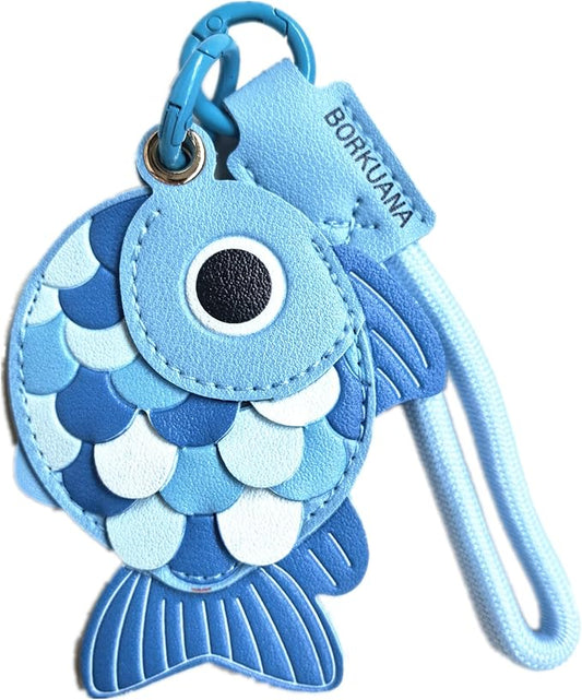 Leather Keychain Holder Case Compatible with AirTag,Cute Protective Cover with Keyring and Lanyard,Anti-Scratch Finder GPS Tracker Case for Wallet Keys,Bag,Pets,Backpack(Blue Fish)