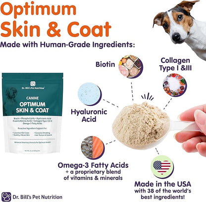 Dr. Bill's Canine Optimum Skin & Coat – Reduces Shedding, Itching, Dry Skin – Allergy Relief for Healthy Fur - Omega 3, Collagen, Biotin & Hyaluronic Acid – 680g Vet-Recommended Dog Supplement