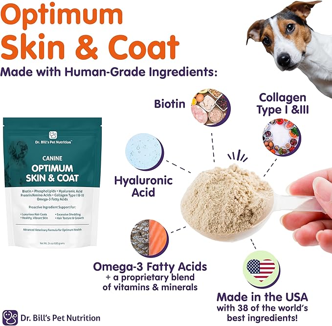 Dr. Bill's Canine Optimum Skin & Coat – Reduces Shedding, Itching, Dry Skin – Allergy Relief for Healthy Fur - Omega 3, Collagen, Biotin & Hyaluronic Acid – 340g Vet-Recommended Dog Supplement