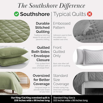 Southshore Fine Living, Inc. Oversized King Quilt Bedding Set, Pet Hair Resistant Bedding, Microfiber Lightweight Bedspread for Summer, Green Coverlet Set w/2 Pillow Shams, Sage Green Quilt King