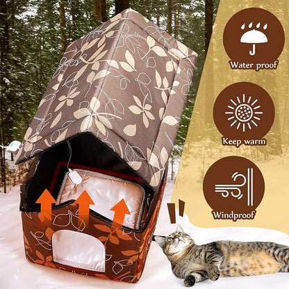 Beeveer Outdoor Heated Cat House Set Weatherproof Enclosures Insulated Cat Shelter with Heating Pad Foldable Indoor Pet Cave with Tent Stakes for Pet Winter Outside